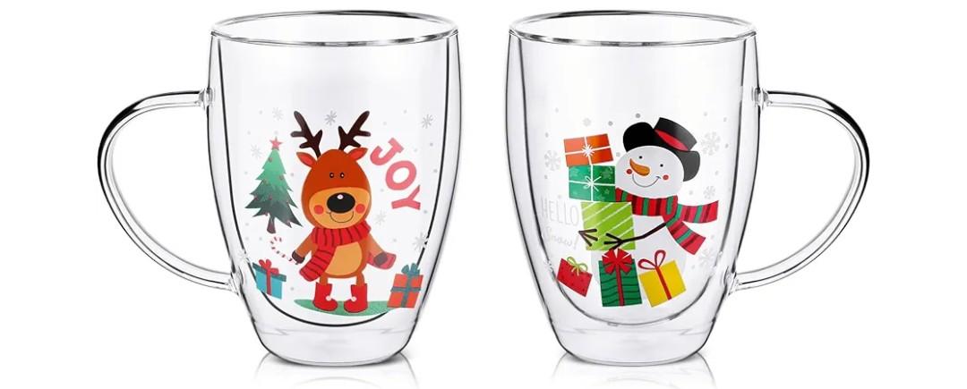 Baderke 2Pieces Christmas Coffee Mugs 12 oz Double Walled Glass Cups Insulated Cute Espresso Clear Christmas Cup Tea Cup for Family and Friend Xmas Gift Table Centerpieces Decor(Classic)