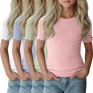 4 Pack Girls Short Sleeve Tops Ribbed Cotton Lettuce Trim T Shirts Crew Neck Cute Basic Tees for Kids Teen (5-6 Years, White, Light Blue, Light Green, Light Pink)