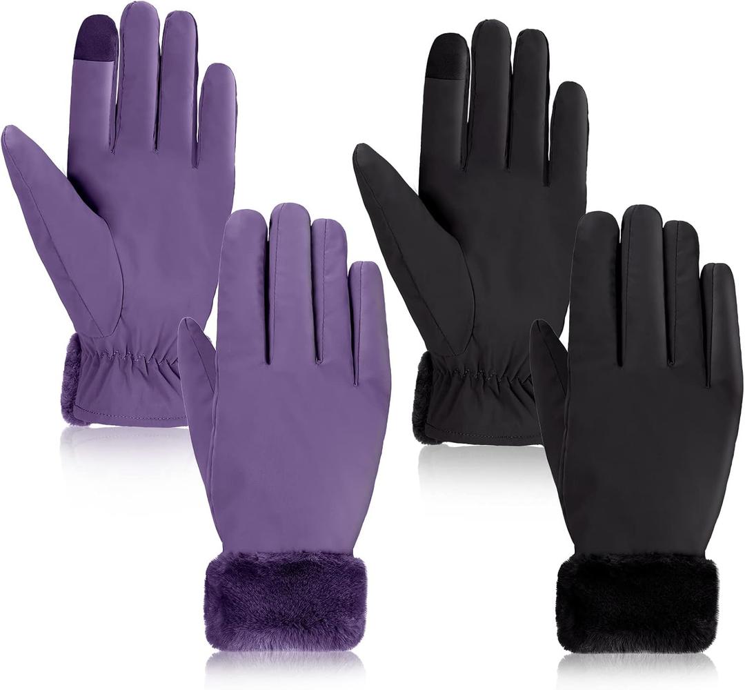 Eurzom 2 Pair Women's Waterproof Touchscreen Ski Gloves Winter Ski Snow Snowboarding Gloves Windproof Snow Accessories (Black, Purple)