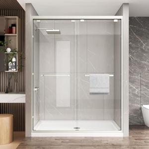 KPUY Glass Shower Door, 55-60" W x 76" H Semi-Frameless Double Sliding Shower Door, 1/4" (6mm) Thick Tempered Clear Glass with Explosion-Proof Film Nano Coating, Brushed Nickel