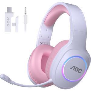 AOC Wireless Gaming Headphones with USB-C for PS5/4, Nintendo Switch, PC, Bluetooth 5.4 & 2.4GHz Gaming Headset with Noise Canceling Mic, RGB, 20ms Latency, 45H, 7.1 Virtual Surround- Pink