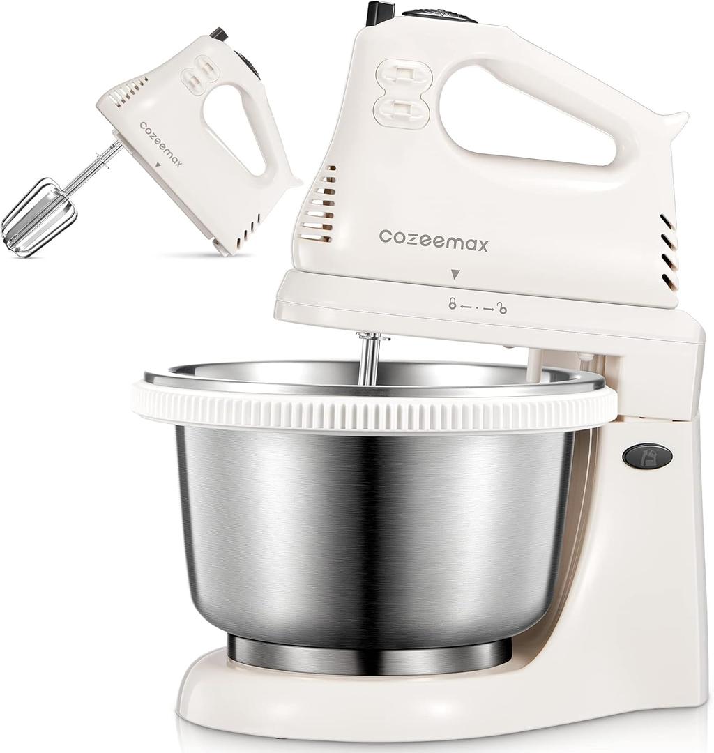 2 in 1 Hand Mixers Kitchen Electric Stand mixer with bowl 3 Quart, electric mixer handheld for Everyday Use, Dough Hooks & Mixer Beaters for Frosting, Meringues & More (White-S)