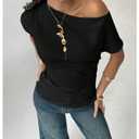 SOLY HUX Women's Off The Shoulder Top Short Sleeve Asymmetrical Fitted T Shirts Going Out Summer Tees Pure Black Medium