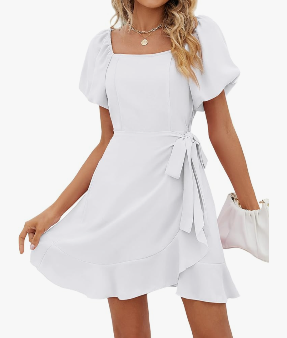Sampeel Womens Summer Dresses Square Neck Puff Sleeve Tie Waist Short Dress, Small