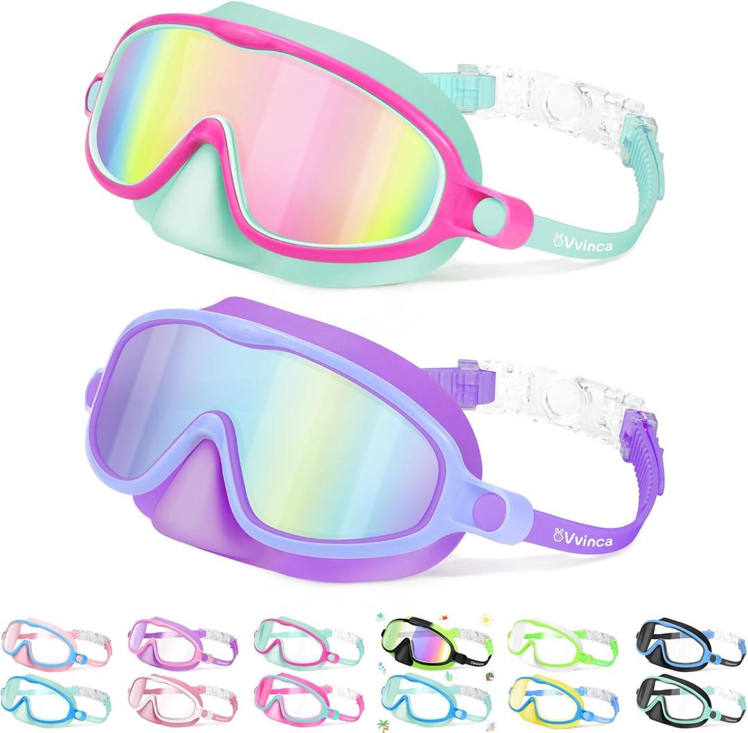 Vvinca 2 Pcs Kids-Swim-Goggles with Nose Cover, Swimming Diving Mask Wide View Anti Fog UV Anti Shattered Lens for Kids 3-5 (02-Mirrored Mermaid Purple& Green)