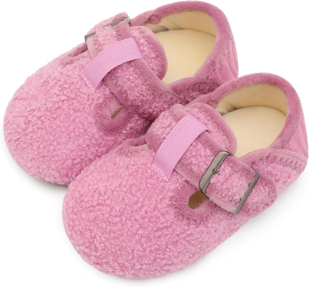 L-RUN Toddler Slippers Wide Cozy Boys Girls House Slippers Non-slip Kids Soft Plush Indoor House Shoes for Winter Warm (Pink)