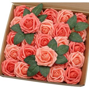 Artificial Flowers 25PCS Real Looking Mixed Living Coral Fake Roses with Stem for DIY Wedding Bouquets Centerpieces Baby Shower Party Home Decorations