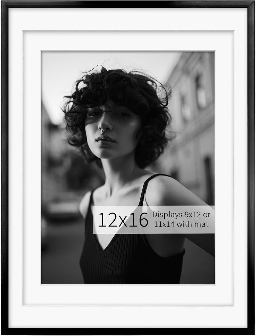 Egofine 12x16 Picture Frame Black, Display for 9x12 or 11x14 with Mat, Metal Thin Photo Frame Covered by Plexiglass for Wall Mounting and Tabletop, 1 Pack