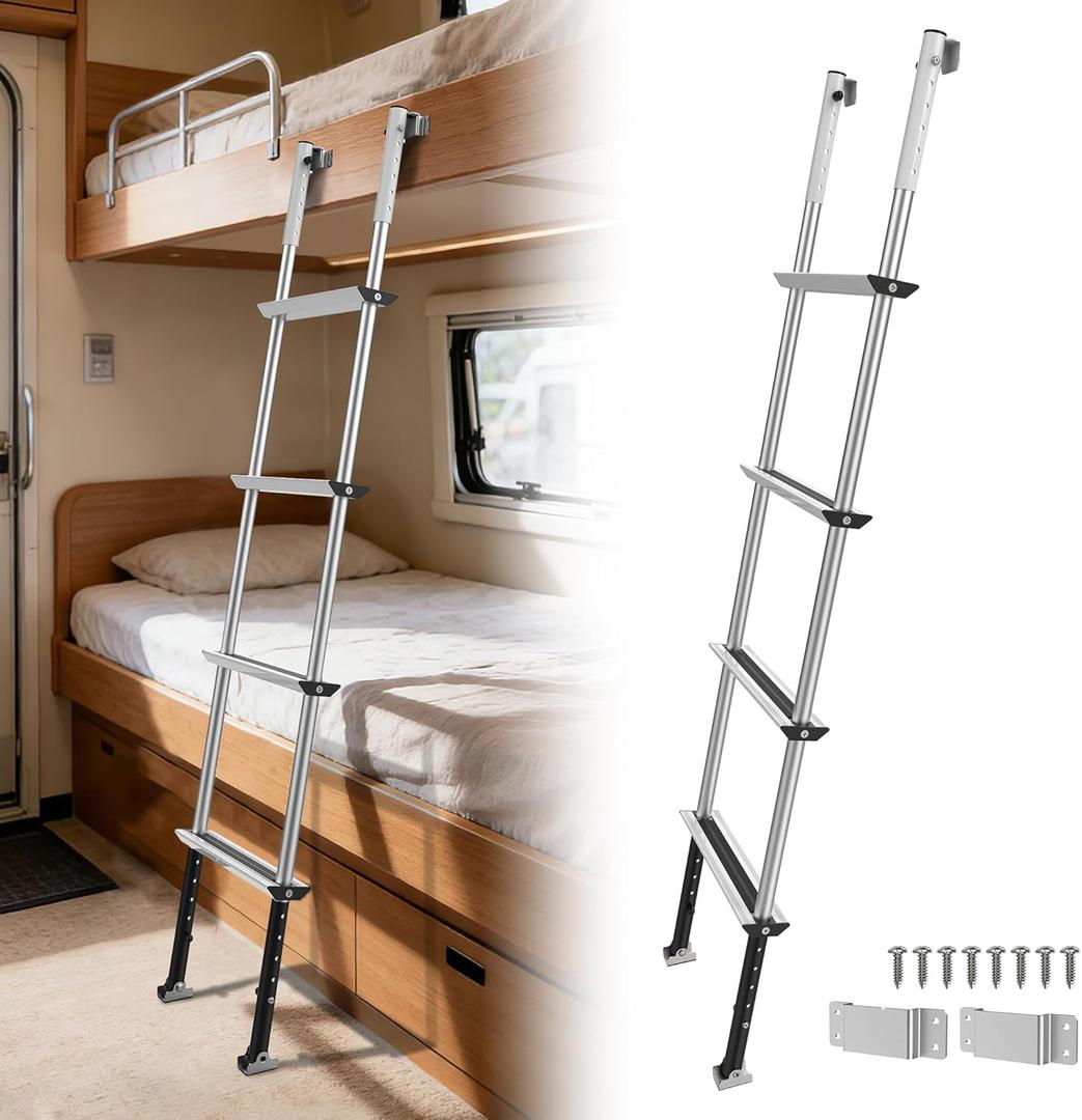 RV Bunk Ladder,11-Level Height Adjustment Options（56.6”~66.2”）, Lightweight Aluminum Bunk Bed Ladder with Anti-Slip Wide Pedal,330lbs Capacity Step Ladder & Flexible Hooks,for RV,Camper,Dormitory