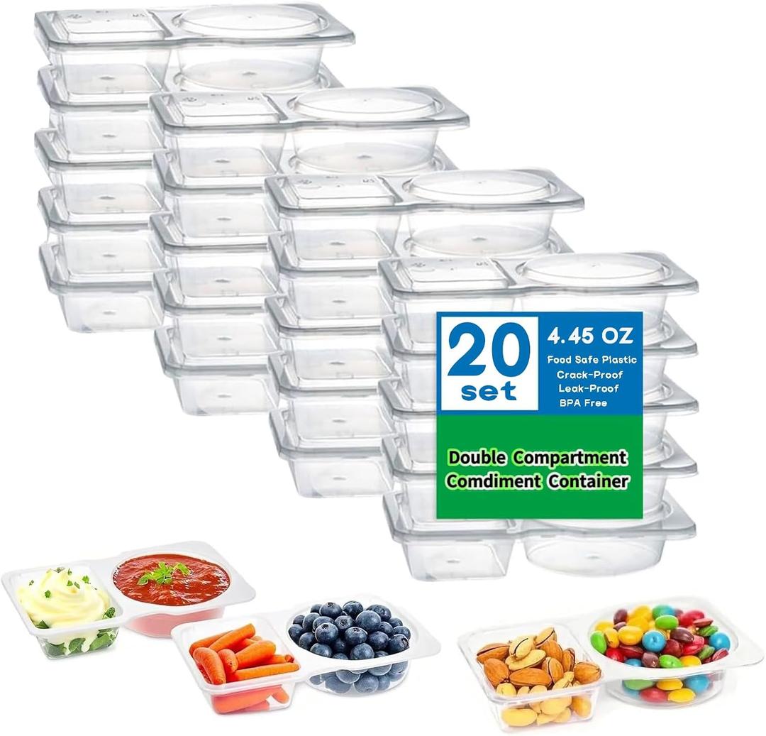 2 x DADAB 20 Sets Reusable Snack Containers with Lids  2-Compartment Portion Control Containers for Snacks, Condiments, Dips, and Sauces  Leak-Proof, Ideal for Road Trips, Lunchboxes, and Travel