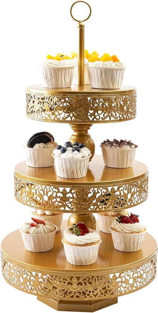 Gold Cupcake Stand - Tiered Dessert Table Display Set 3 Tier Metal Gold Serving Tray Round Cake Stand Holder for Wedding Tea Party Baby Shower Birthday Christmas Decor