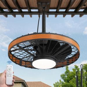 LEDIARY Outdoor Ceiling Fans with Lights, IP65 Waterproof Gazebo Fan with Hanging Hook,6 Speeds, 3CCT, 20 Inch Wet Rated Plug in Ceiling Fan for Patios,Porch, Pergola,Canopy, Brown