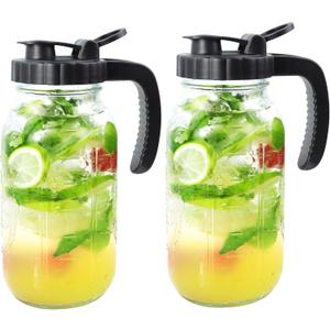 Glass Mason Jars Pitcher 32 Oz Pour Spout Lids & Handle (2 Set) Wide Mouth Airtight Leak Proof Fridge Breast Milk Pitcher With Top Flip Cap 1 Quart Water Jug For Cold Brew Coffee, Iced Tea, Beverage (Black)