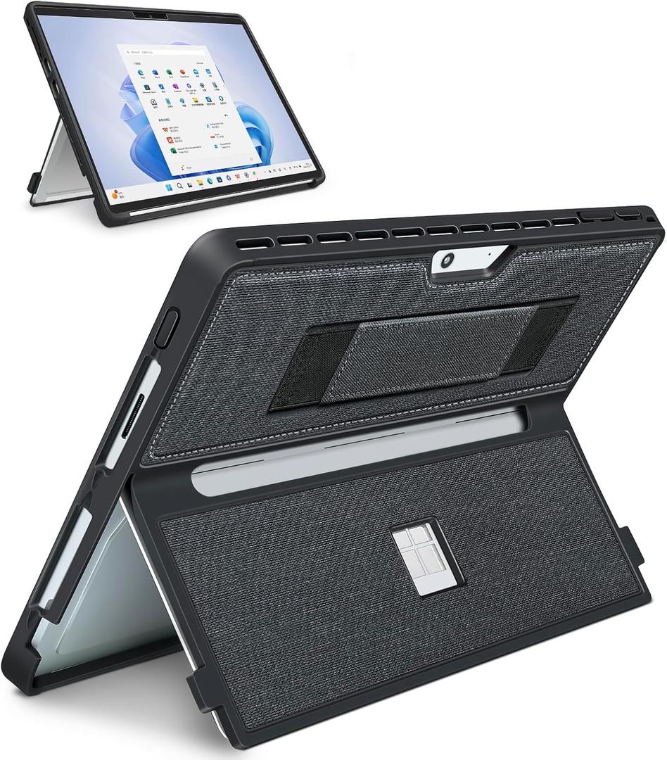 Case fit Microsoft Surface Pro 11/10/9/8 13-Inch, with Stent Cover, Hand Strap, All-in-one Rugged Case Compatible with Type Cover Keyboards, Black