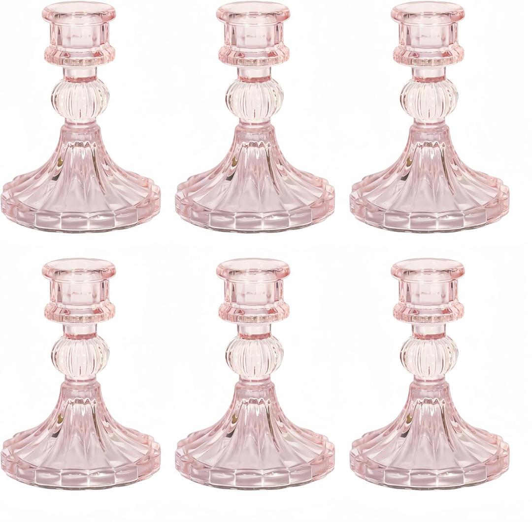 Glass Candlestick Holder,Striped Taper Candle Holders,Set of 6 Candle Stand for Table Centerpieces, Home Decor,Weddings,Festival and Parties (Light Pink Stripe)