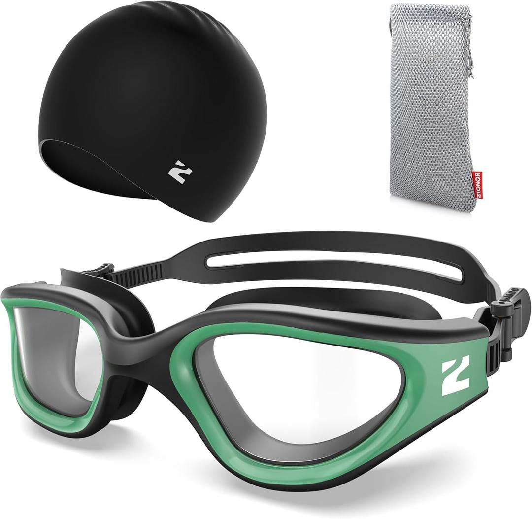ZIONOR G1 Lite Swim Goggles with Swim Cap Comfortable Anti-fog Swimming Goggles Cap Set for Adult Men Women (One Size, B7(green-clear+c5 Black))