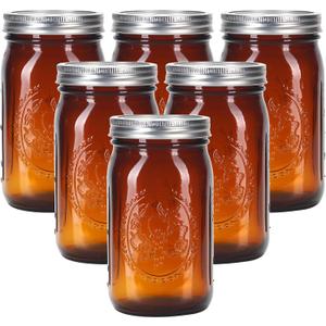eleganttime Amber Glass Mason Jars 32 oz Wide Mouth with Airtight Lids and Bands 6 Pack Large Glass Canning Mason Jars Quart,Great for Canning Jar Pickle Fermenting Jam Jar