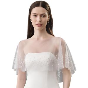 Pearl Shawl Wrap Shrug Bridal Cape Sheer Tulle White Black Elegant Wedding Cape Dress Cover Up for Women Girls (White)