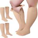 Hillban 2 Pair 15 - 25 Mmhg Wide Plus Size Calf Zipper Compression Socks for Women Men, Beige L-XL