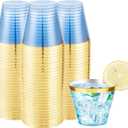 LUODA 150 PCS Blue Plastic Cups,9oz Clear Disposable Cups with Gold Rim, Old Fashioned Tumblers Gold Rimmed Plastic Cups for Any occasion: Weddings, Parties, Business Events