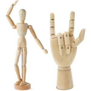 2 Pack 12" Drawing Mannequin,12" Hand Model,Wooden Manikin Body Figures Gifts for Artists,Poseable Art Mannequin Figure Dolls,Wood Statue Sculpture Decor Animation Drawing Tools