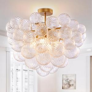 Nordic Bubble Ball Swirled Glass Ceiling Lights Fixture, Dia 24 inch Gild Brass and Clear Blown Glass Small Chandelier for Bedroom Study Bathroom (24"D, LR1525)