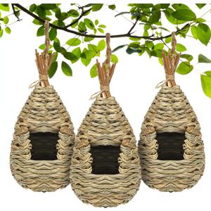 Gute Hummingbird Houses for Outside Hanging, Natural Grass Hanging Bird Hut, Hand Woven Bird Nest, Large Wren Finch Bird House for Garden Window Outdoor Home Decoration, 3 Pack (Water Drop Shape)