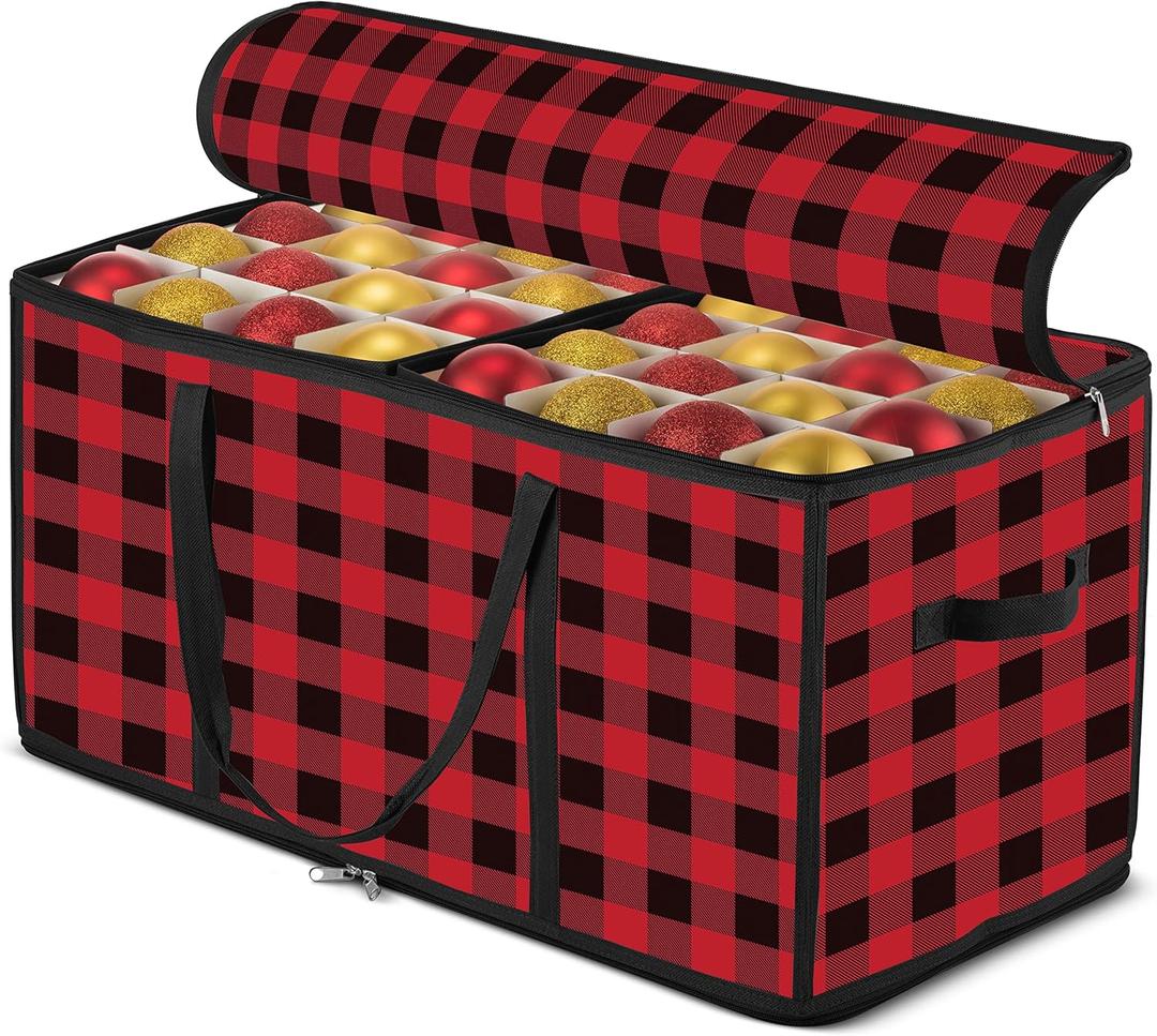 ZOBER Christmas Ornament Storage Box Plastic - Stores 128 3" Ornaments with Individual Trays - Ornament Organizer Storage Box, Durable Christmas Containers Holder - Plaid
