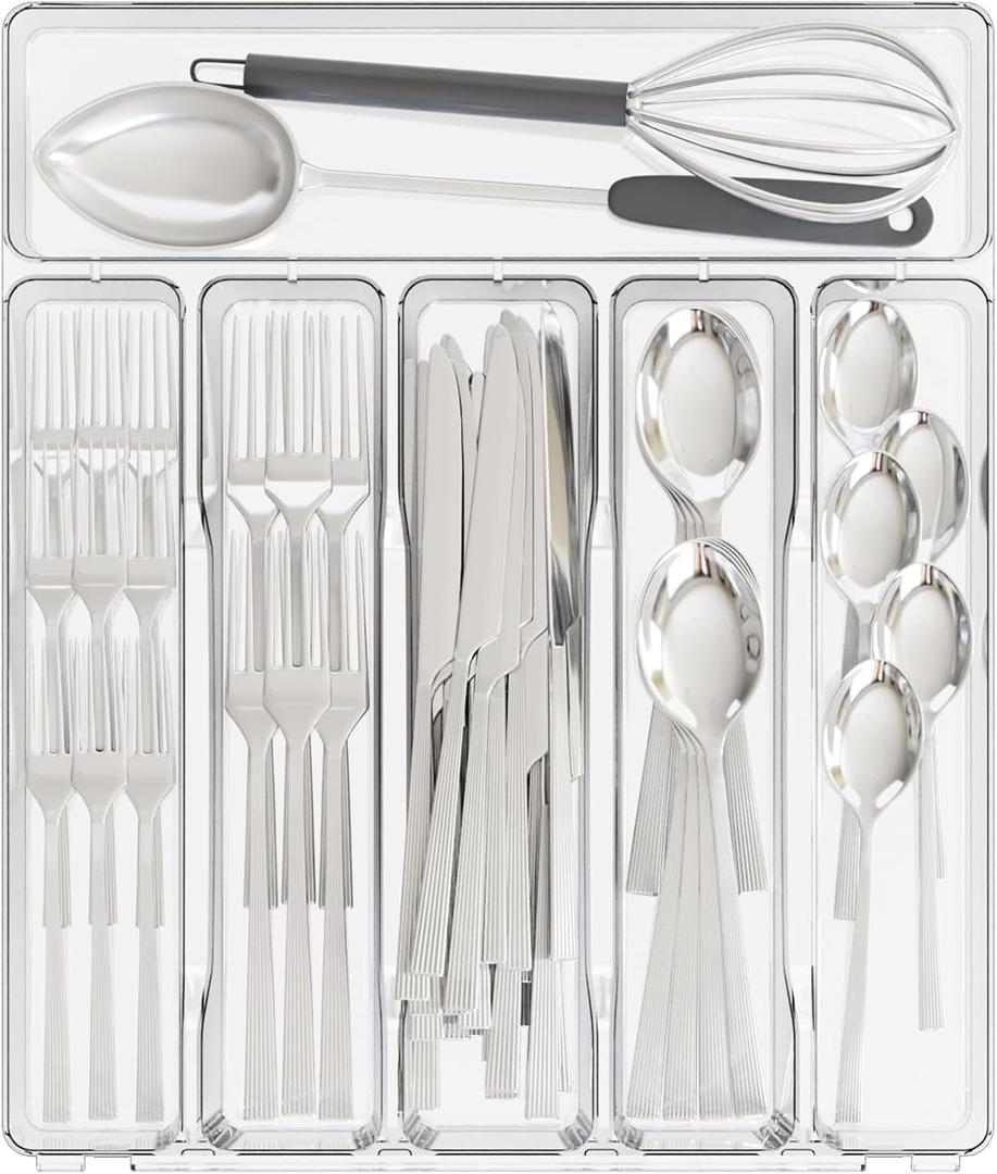 Yieach Clear Large Silverware Organizer 12 inch Wide for Kitchen Drawers,BPA Free Silverware Trays,Plastic Silverware Dividers & Holder,Utensil and Flatware Drawer Organizer Suitable for Fork,Spoon