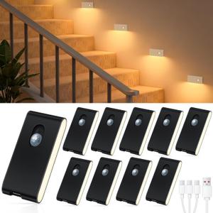 WILLED Stair Lights Indoor, Warm White Rechargeable Night Light, Wireless Motion Sensor Light Indoor for Stairs, Hallway, Stairway, Bathroom, Bedroom, Kitchen, 10 Pack (Black)
