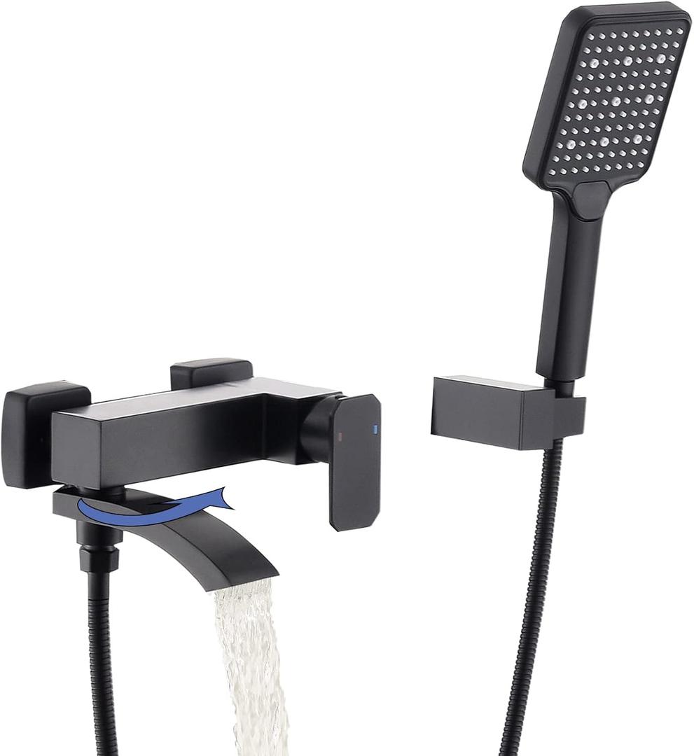 BEIYI Wall Mount Tub Faucet with 3 Functions Handheld Sprayer, Matte Black Bathtub Shower Faucets with Lengthened Folding Spout