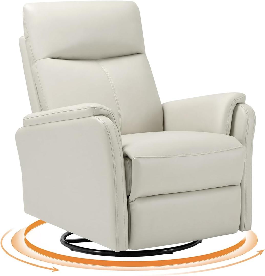 Swivel Rocking Recliner Glider Chair, Leather Reclining Rocker Chair with Footrest for Living Room, Nursery, Office, Bedroom, Ergonomic High Backrest, Wide Seat Cushion and Metal Base-Beige