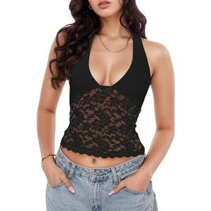 Penioca Sexy Halter Top for Women Deep V Neck Lace Cami Backless See Through Going Out Trendy Top L