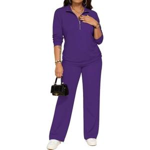 PINSV Women's 2 Piece Outfits Sweatsuit Lapel Half Zip Sweatshirts Wide Leg Pants Set Tracksuit, Purple, L