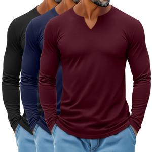 Ficerd 3 Pack Men's Big and Tall V Neck Shirts Cotton Long Sleeve Tops Plus Size Lightweight T-Shirts Casual Basic Tees (X-Large, Black, Navy Blue, Wine Red)