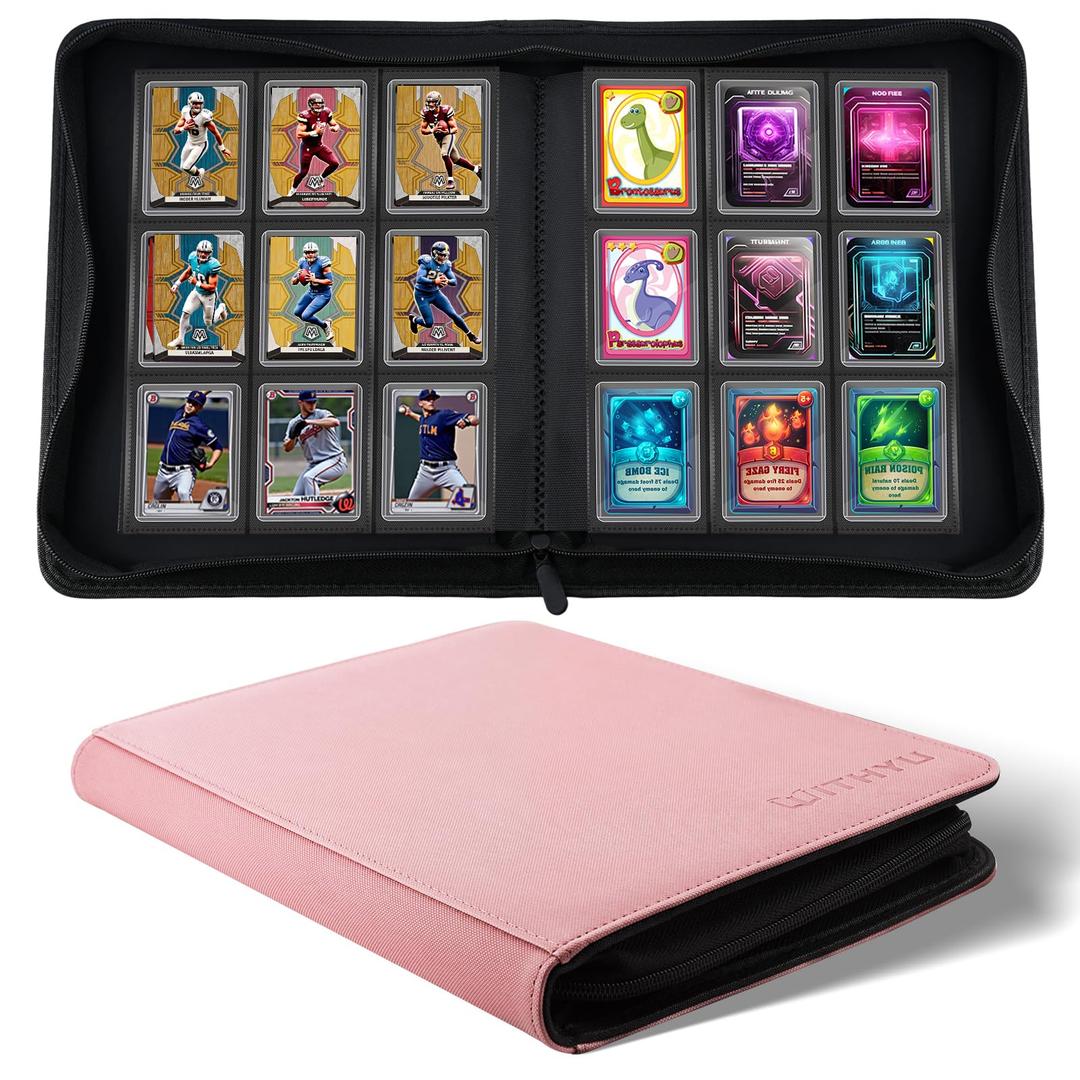 WITHYU Toploader Binder 9 Pocket, Holds 288 Cards for 3" x 4" Rigid Cards, PU Leather Zipper Ringless Trading Card Album for TCG, MTG & Sports Card Storage, Suitable for Collectors and Gifting, Pink