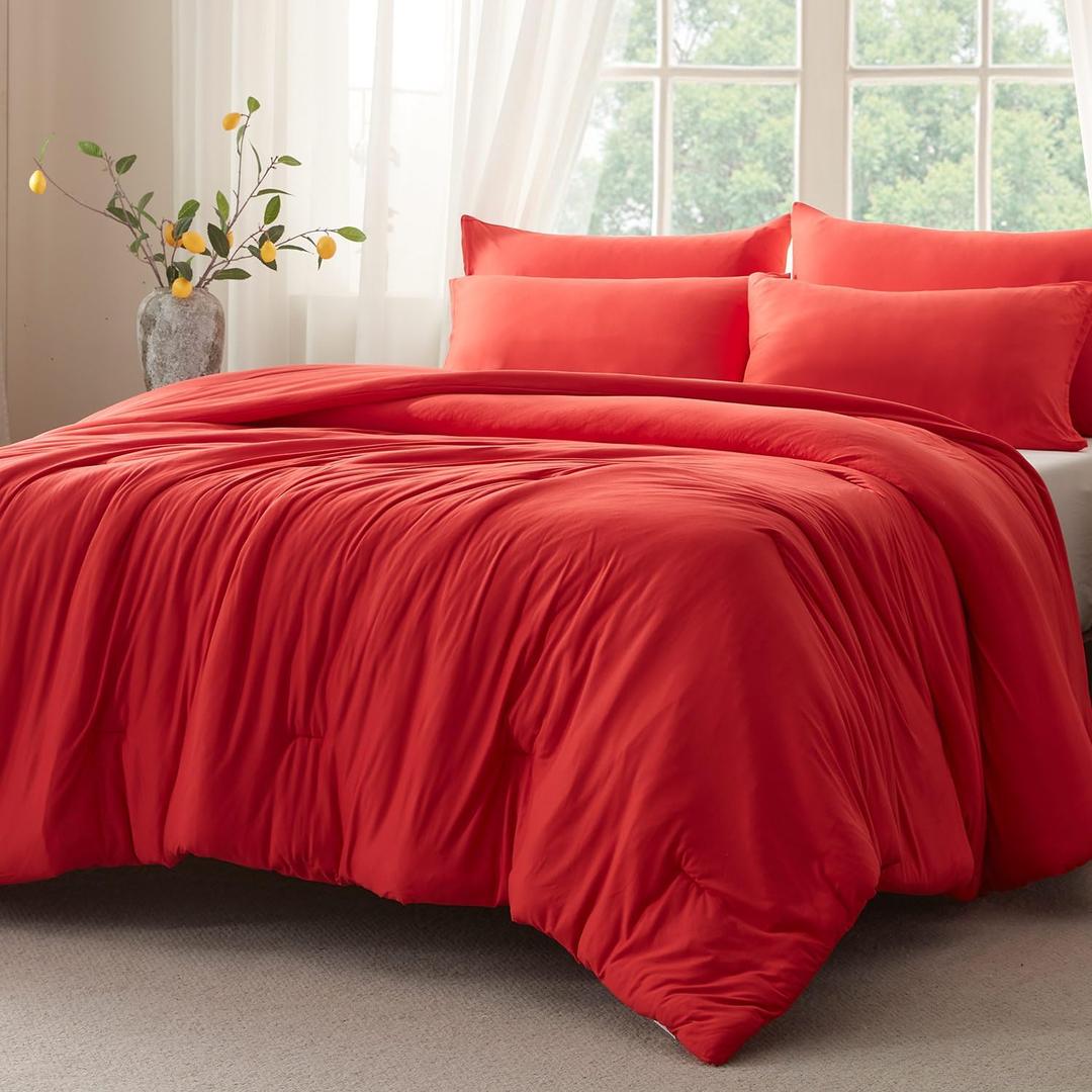 Full Size Comforter Set, Comforters Full Size Luxury Ultra-Soft Jersey Knit Bedding Sets, Red Lightweight Down Alternative Bed Comforter for All Season, 3 Piece Bedding Set (Full(82"x86"))