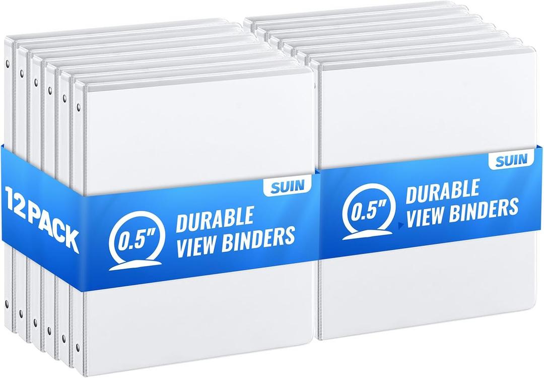 SUIN Bulk 12 Pack 0.5-inch 3 Ring Binders -Durable 1/2'' Binders with Roung Ring Binder, Large 100 Sheet Capacity, Fit 8.5" x 11" US Letter Size Paper, White (0.5'' White - 12 Packs)