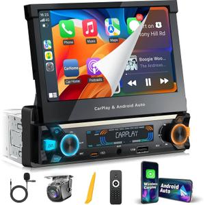 Single Din Touchscreen Radio Motorized Flip Out 7" QLED Carplay Wireless Apple CarPlay&  Android Auto. Dual Band WiFi. Fast Charging. Voltage & Noise Filter for old cars. Bluetooth. Backup Camera