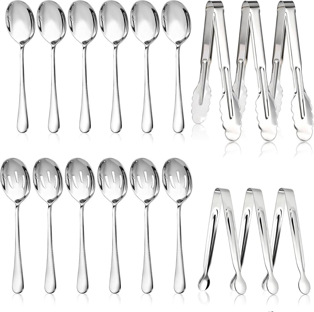 Mwellewm 18Pcs Serving Utensils, Serving Spoons for Buffet, Serving Tongs for Food, Large Slotted Spoons, Stainless Steel Banquet Cutlery Set for Parties Weeding Birthday Entertaining Catering(Silver)
