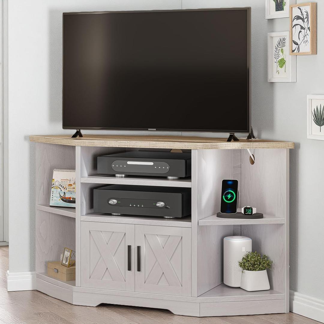 YITAHOME Corner TV Stand for 55/50 Inch TV, Farmhouse TV Stand for Living Room, Entertainment Center with Storage & Power Outlet, TV Console Cabinet for Living Room, Grey Wash & Grey White, Upto 55 inches TV