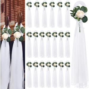 20 Sets Wedding Aisle Decorations, 39.4 Inches Artificial Silk Rose Flowers with Long Tulle Tails for Church Pew Chair Bench, Ceremony Reception Party Bridal Shower Arrangements - Champagne