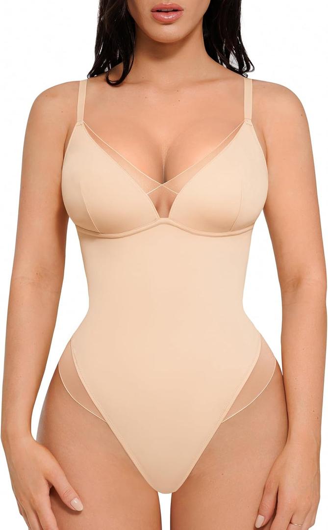 FeelinGirl Shapewear Bodysuits for Women Tummy Control - Deep V Neck Sheer Mesh Double Lined Trendy Thong Body Shaper Tops (XX-Large, Nude)