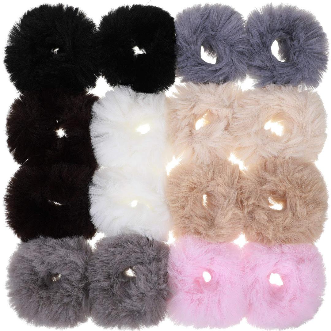 16 Pieces Rabbit Fur Hair Accessories: Fluffy Scrunchies, Pom Pom Hair Ties, and Elastic Ponytail Holders for Women and Girls (Color Set 1)