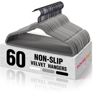 HOUSE DAY Grey Velvet Hangers 60 Pack, Non Slip Felt Hangers, Heavy Duty Velvet Clothes Hanger, Ultra Slim Hanger Space Saving, Perfect for Shirt, Suits, Pants (Gray)