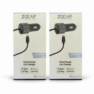 Set 2 Pack ZGEAR Fast Charge Car Charger - 12 Watt - 6 Foot