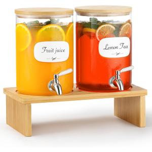 2 PCS 1 Gallon Glass Drink Dispenser for Parties. 2 Glass Beverage Dispenser with Bamboo Stand,18/8 Stainless Steel Spigot and Bamboo Lid, 8 Waterproof Labels.Usde as Lemonade,Iced& Hot Drinks.