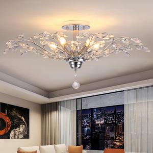 Ganeed Frozen Crystal Branch Close to Ceiling Light Chrome Silvery Vintage Chandelier with 5-Light Heads, Modern K9 Crystal Chandelier for Dining Room Living Room Bedroom Kitchen Over Table