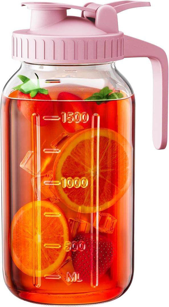 64 oz Glass Pitcher with Lid, Large Wide Mouth Mason Jar with Pour Spout, Pink Sun Tea Jar for Outside, Glass Water Pitcher Great for Drink, Cold Beverages and Breast Milk