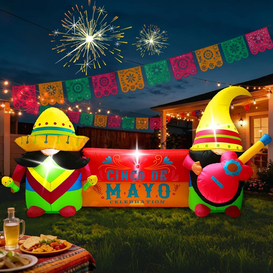 8FT Long Cinco De Mayo Inflatables Outdoor Decorations, Colorful Fiesta Party Blow Up Decor, Built-in LED Lights May 5 Mexican Yard Decoration for Garden Lawn Holiday Decor